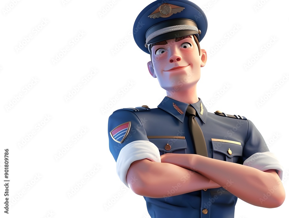 Proud 3D Pilot in Uniform Standing on White Background Proud 3D Pilot in Uniform Standing on White Background