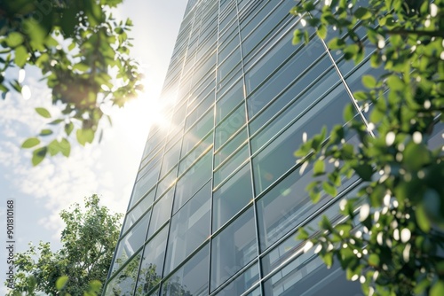 3d render of morning view to perspective glass building, camera panning from left to right, showcasing the entire building's architecture