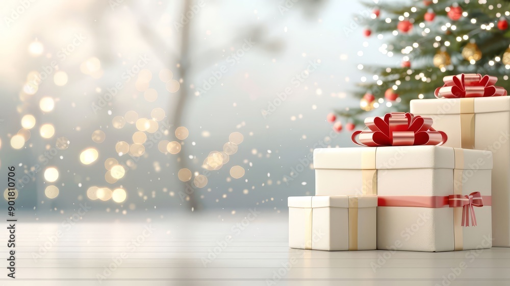 Fototapeta premium A white background with red bows on three white boxes