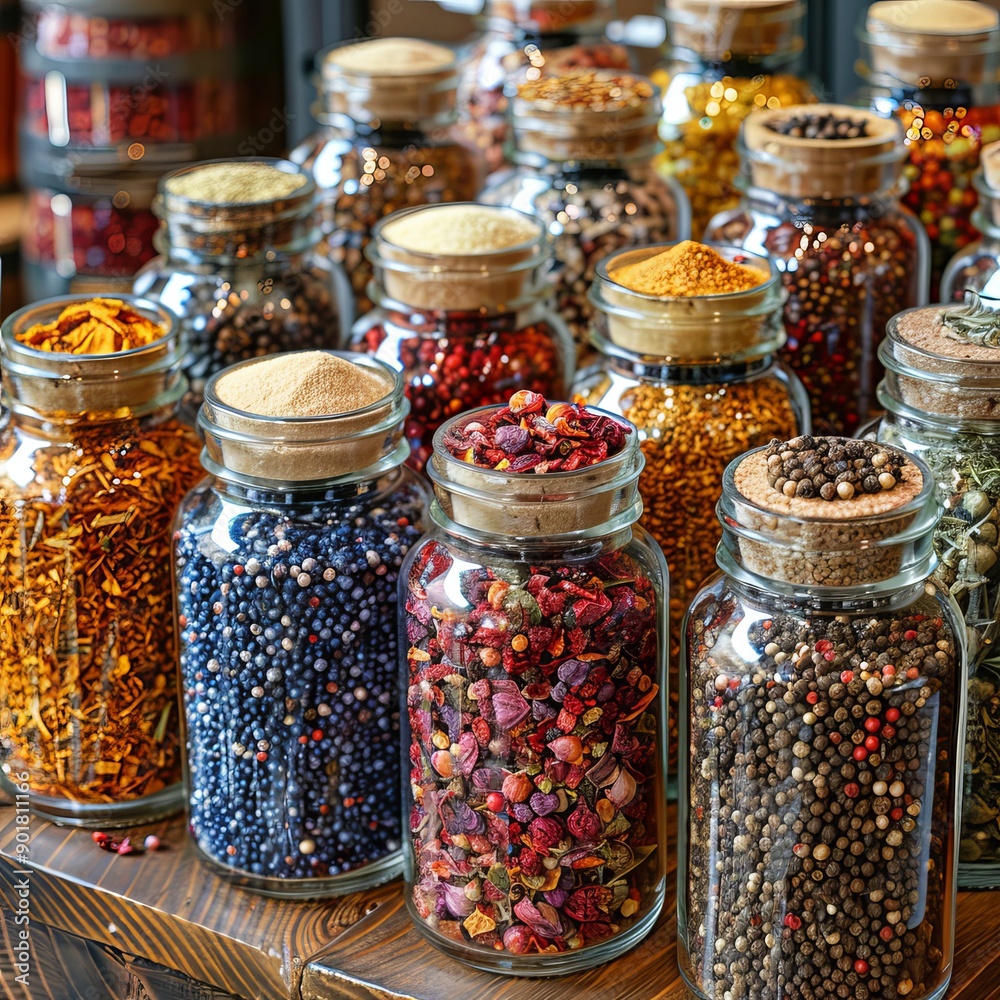 Colorful spices and herbs are displayed inside glass jars with cork lids sitting on a wooden table Colorful spices and herbs are displayed inside glass jars with cork lids sitting on a wooden table