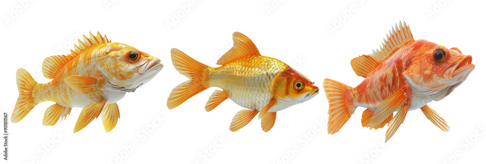 Three Realistic Orange Fish Illustrations on a Transparent Background on a Transparent Background Three Realistic Orange Fish Illustrations on a Transparent Background on a Transparent Background