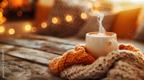 Steaming cup of coffee on wooden table with knitted blanket.