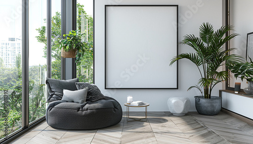 Minimalist living room subtle color accents with empty frame