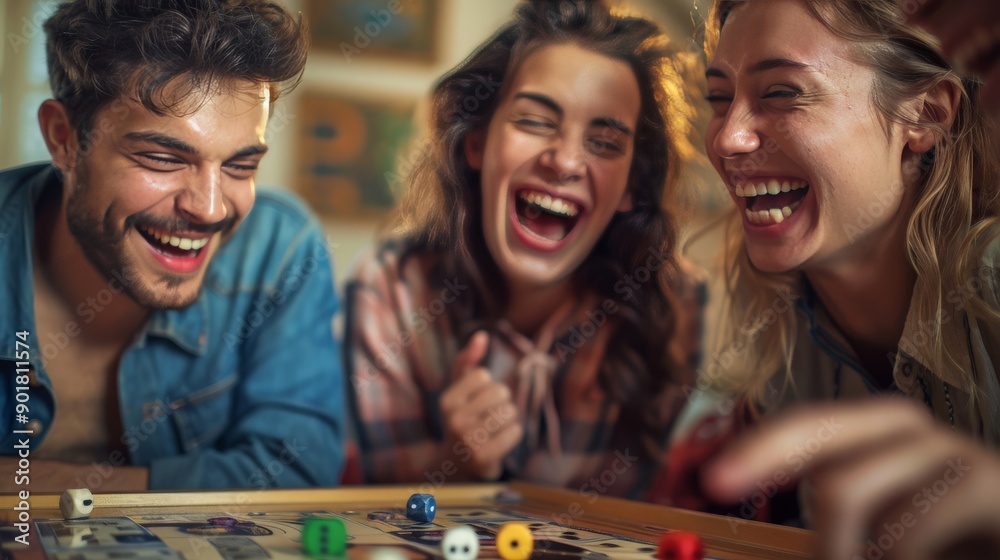 Fototapeta premium Friends laughing over a board game piece accidentally knocked over