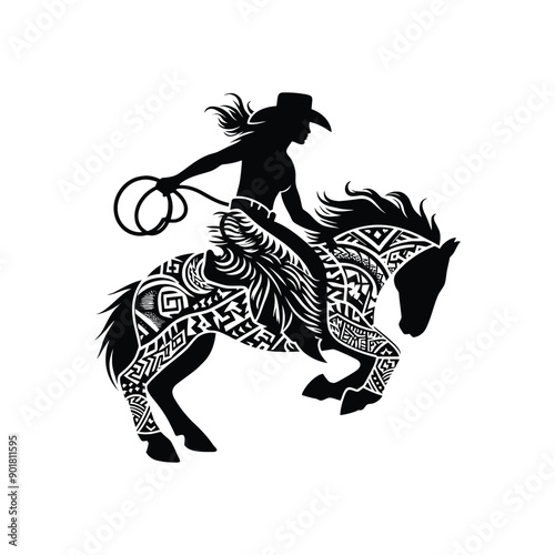 rodeo sport female player with ethnic polynesia pattern illustration, emblem shield badge