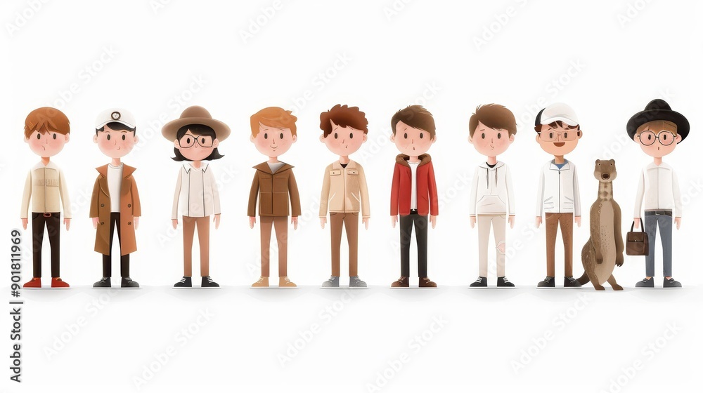 A group of cartoon characters are lined up, including a penguin and a doctor A group of cartoon characters are lined up, including a penguin and a doctor