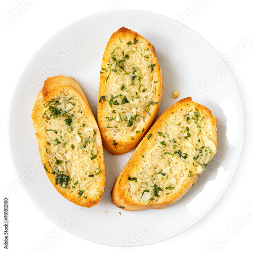 Three slices of garlic bread with fresh parsley on a white ceramic plate isolated on white from above.