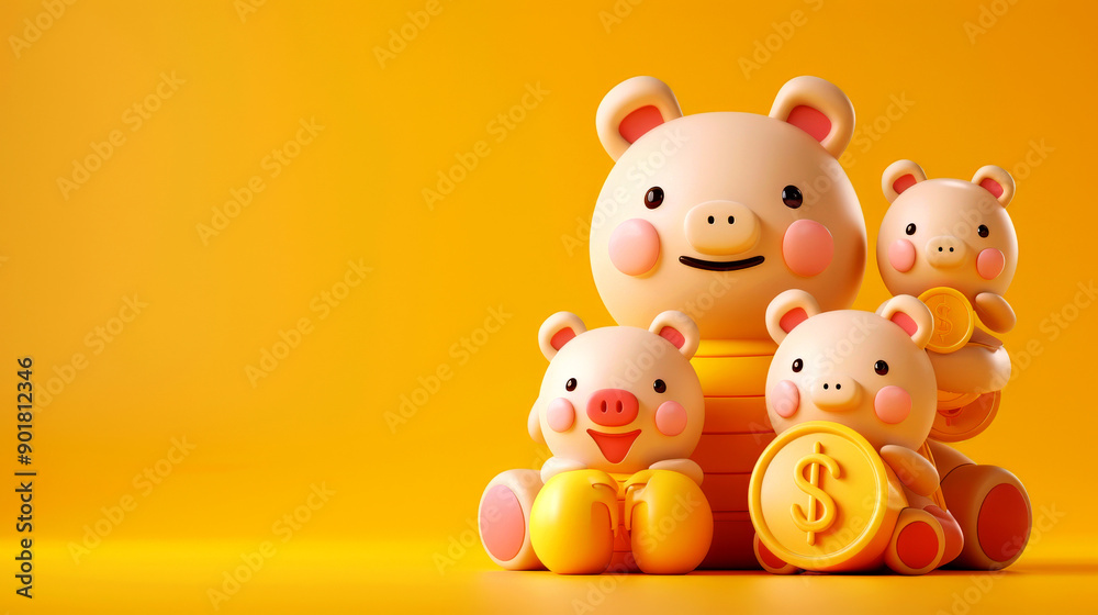 Obraz premium Cute piggy bank family arranged on a vibrant yellow background, symbolizing savings and financial growth.