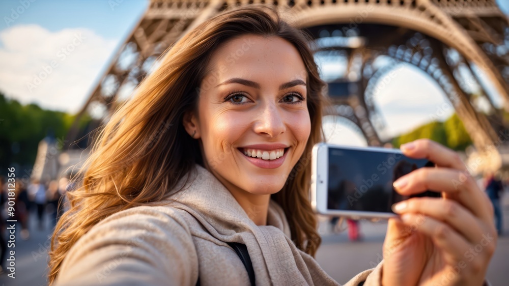 A close-up image of a woman taking a selfie with the Eiffel Tower in the background, showcasing her joy and the monument. A close-up image of a woman taking a selfie with the Eiffel Tower in the background, showcasing her joy and the monument.