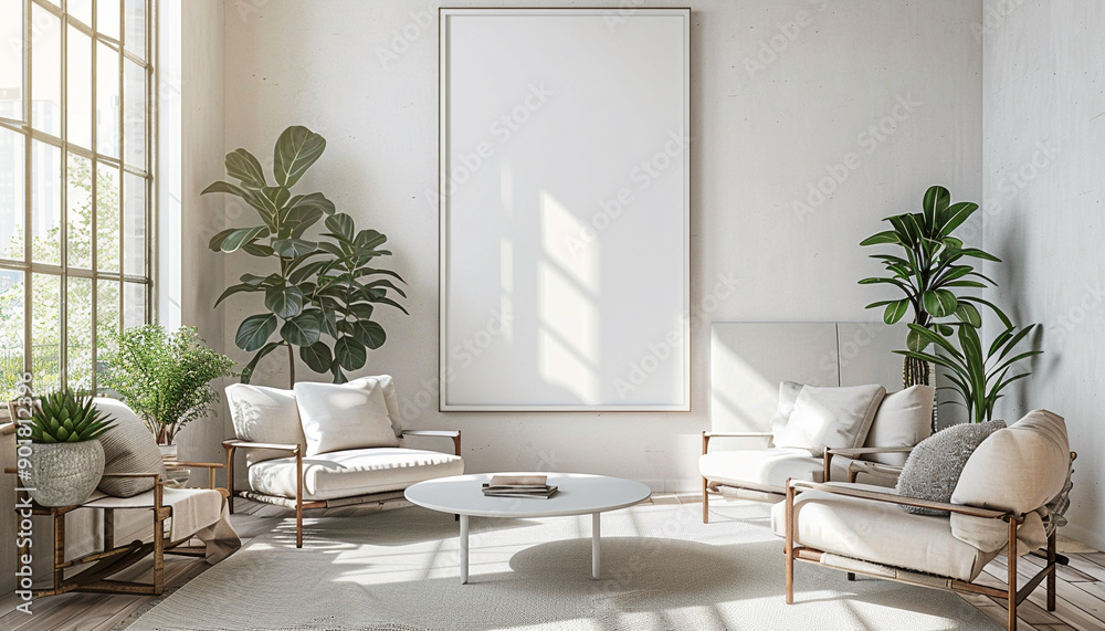 Fototapeta premium Minimalist living room subtle color accents with empty frame