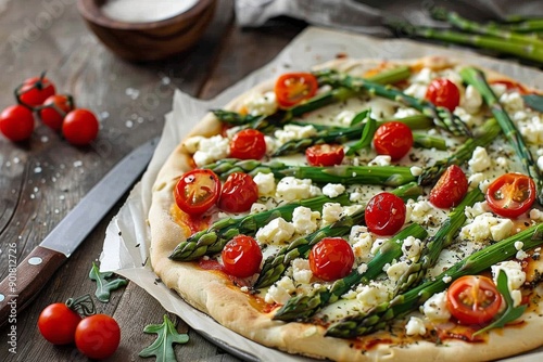 Asparagus and Feta Pizza on Wooden Table