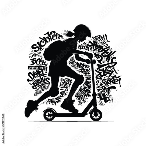 scooter sport female player with graffiti tags, street art pattern illustration, emblem shield badge