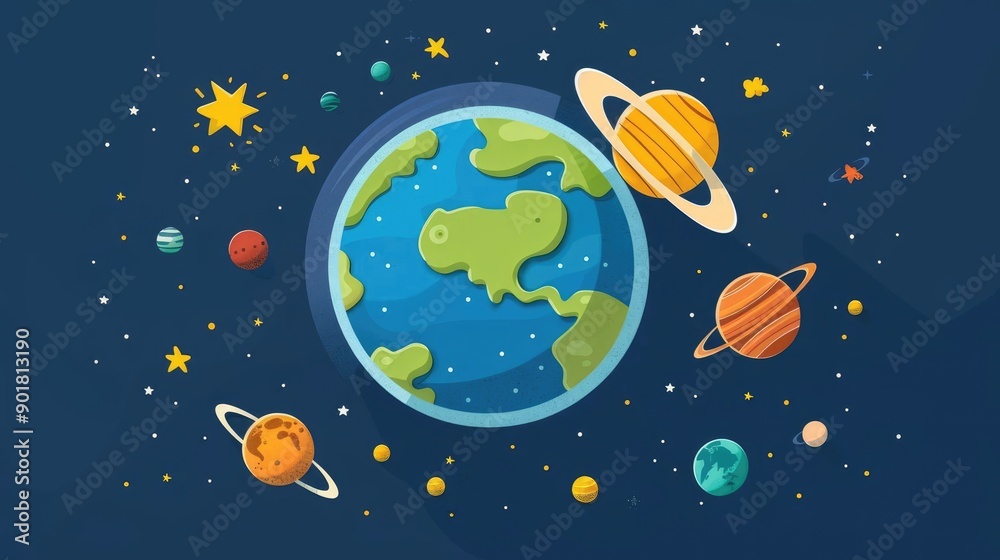 Planet flat design, top view, solar system theme, cartoon drawing, colored pastel Planet flat design, top view, solar system theme, cartoon drawing, colored pastel