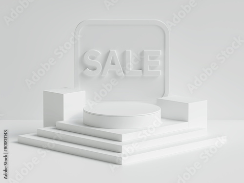Minimalistic white podium with SALE sign on elevated platform, representing a clean, modern sale backdrop.