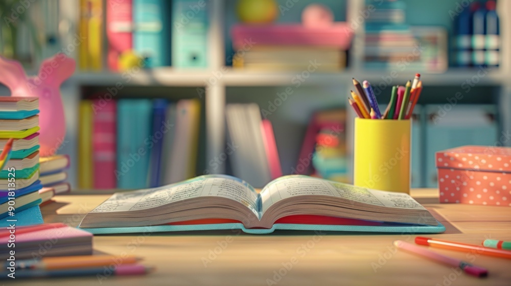 Open book on a wooden desk with pencils and colorful books in the background. Open book on a wooden desk with pencils and colorful books in the background.