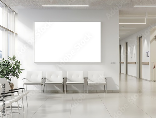 A mockup of an empty white poster on the wall in modern hospital waiting room with comfortable chairs 