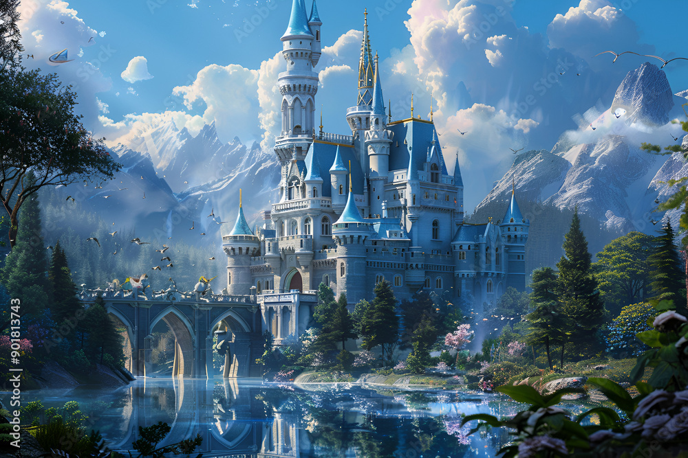 Enchanting fantasy castle amidst lush greenery under a clear blue sky ...