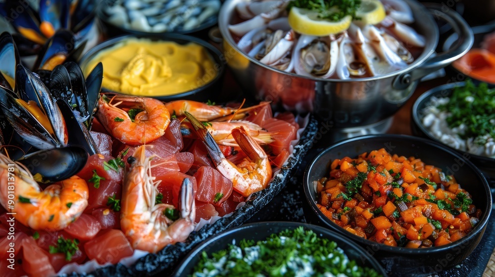 Seafood selection with mussels shrimp and fish served with dips