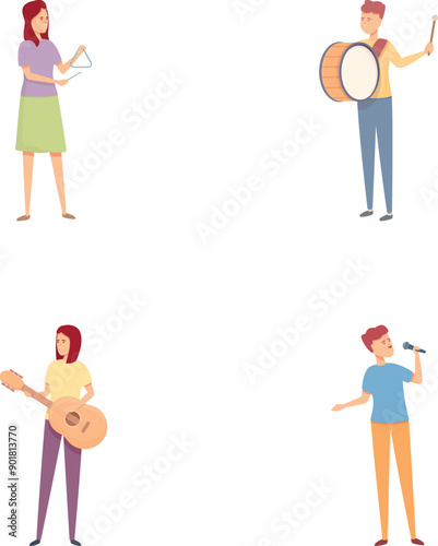 Music education icons set cartoon vector. People play music instrument and sing. Performance, rehearsal