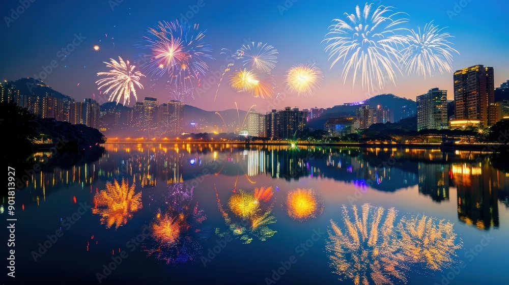 Fireworks display over cityscape reflected in water. Fireworks display over cityscape reflected in water.