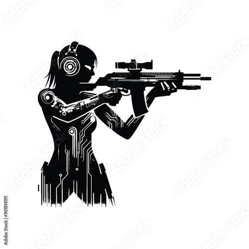 Shooting sport female player with cyberpunk, glitch pattern illustration, emblem shield badge