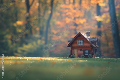 A cozy cabin nestled in a forest clearing, the trees blurred in the background, setting the scene for a peaceful holiday retreat photo