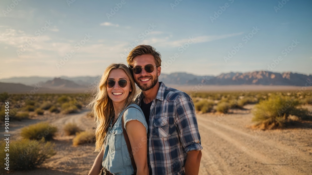 A couple smiling together in a scenic desert setting, expressing connection and happiness amidst nature's beauty. A couple smiling together in a scenic desert setting, expressing connection and happiness amidst nature's beauty.