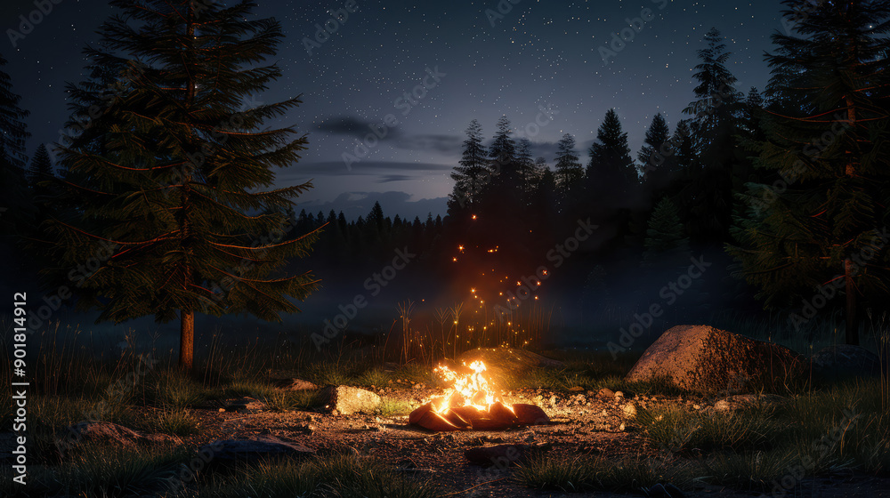 A serene night scene of a campfire in a forest, the flames providing the only light source A serene night scene of a campfire in a forest, the flames providing the only light source
