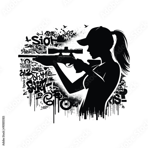 Shooting sport female player with graffiti tags, street art pattern illustration, emblem shield badge