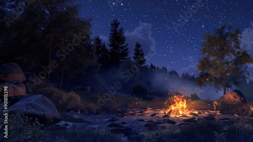 A serene night scene of a campfire in a forest, the flames providing the only light source