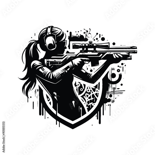 Shooting sport female player with graffiti tags, street art pattern illustration, emblem shield badge