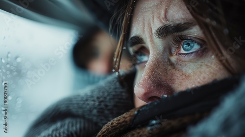 This image captures a focused view from inside a vehicle looking out through a rain-splattered window, conveying a sense of contemplation, travel, and introspection. photo