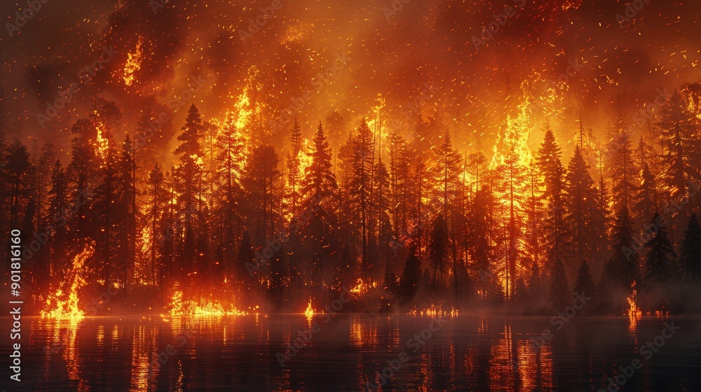 Naklejka premium A forest fire rages, engulfing tall trees in flames. The fire reflects in a calm lake below.