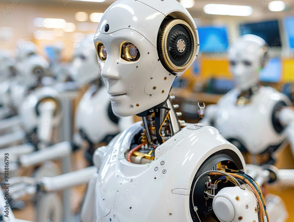 A humanoid robot with expressive eyes and advanced mechanical features representing future technology and AI A humanoid robot with expressive eyes and advanced mechanical features representing future technology and AI