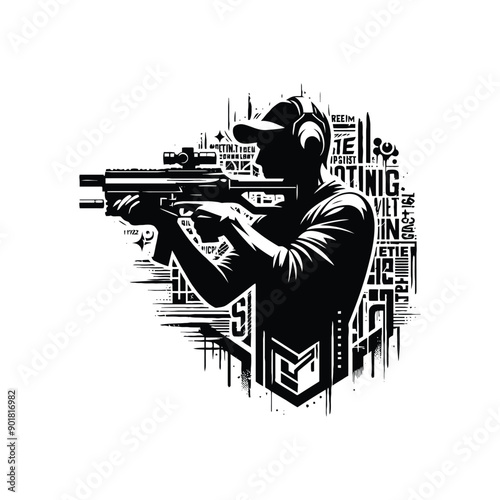 Shooting sport male player with graffiti tags, street art pattern illustration, emblem shield badge