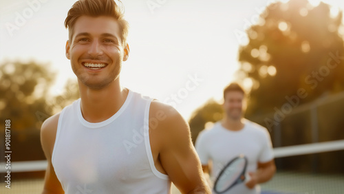 Smiling men enjoying exercise by playing tennis in the evening, exercise, playing sports for good health,  healthy lifestyle.
