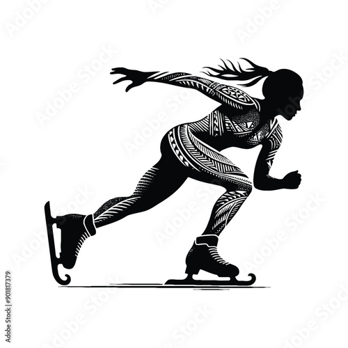 Short Track Speed Skating sport female player with ethnic polynesia pattern illustration, emblem shield badge