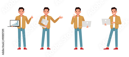 Businessman wear brown jacket working and holding laptop with a graph in office character vector illustration design set.