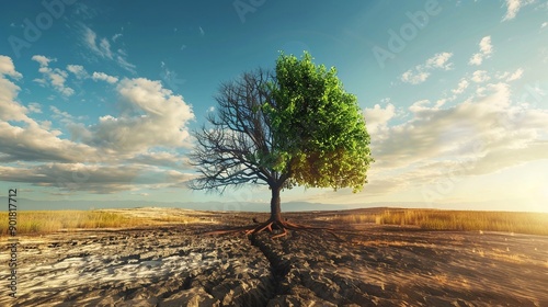 Una foto divisa a metà da un albero, che a sinistra cresce in una terra arida e sterile e a destra rappresenta la natura verde e la prosperità.  photo