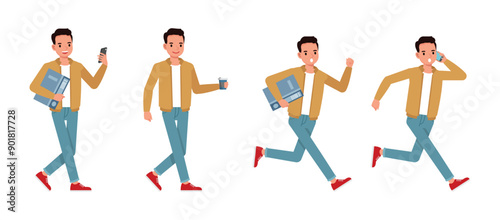 Businessman wear brown jacket working in office character vector illustration design set. Man talk on phone walking and running.