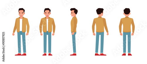 Set of businessman front, side and back view wear brown jacket character vector illustration design. Presentation in various action. People working in office planning, thinking and economic analysis.