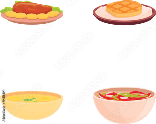 Caribbean product icons set cartoon vector. Delicious caribbean cuisine dish. Food