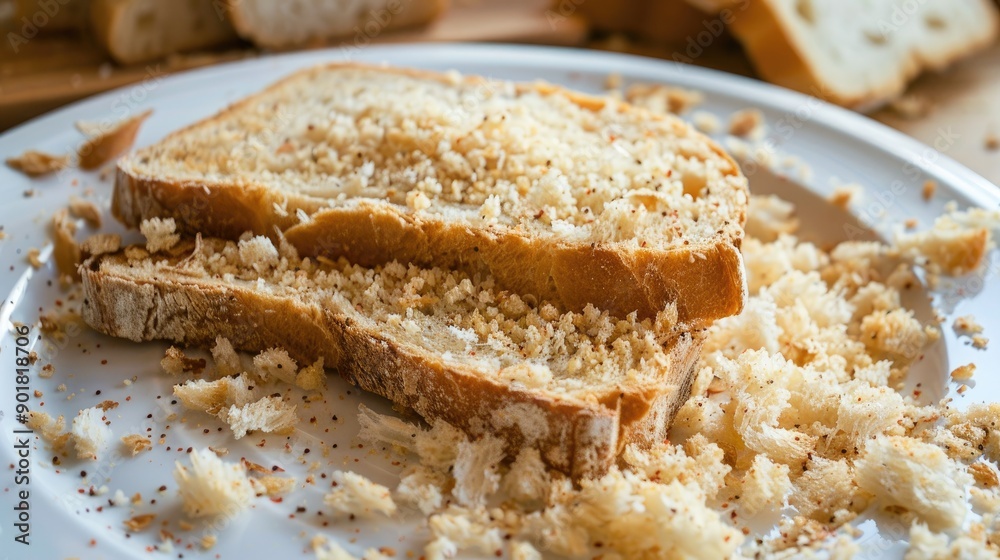 Bread crumbs made from stale bread on a white plate Bread crumbs made from stale bread on a white plate