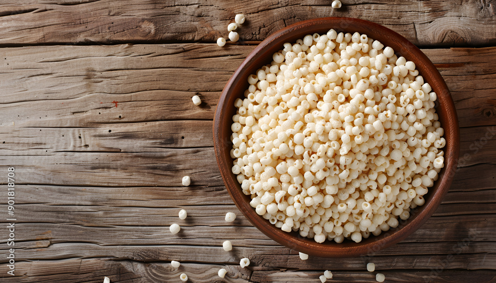 Puffed sweet rice in a round bowl on the old wooden background, top view Puffed sweet rice in a round bowl on the old wooden background, top view