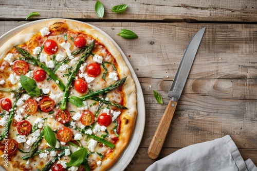 Asparagus and Feta Pizza on Wooden Table