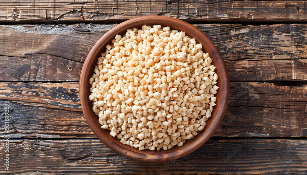Puffed sweet rice in a round bowl on the old wooden background, top view Puffed sweet rice in a round bowl on the old wooden background, top view