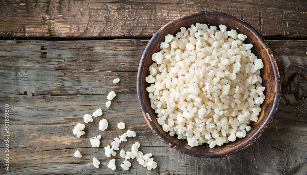 Puffed sweet rice in a round bowl on the old wooden background, top view Puffed sweet rice in a round bowl on the old wooden background, top view