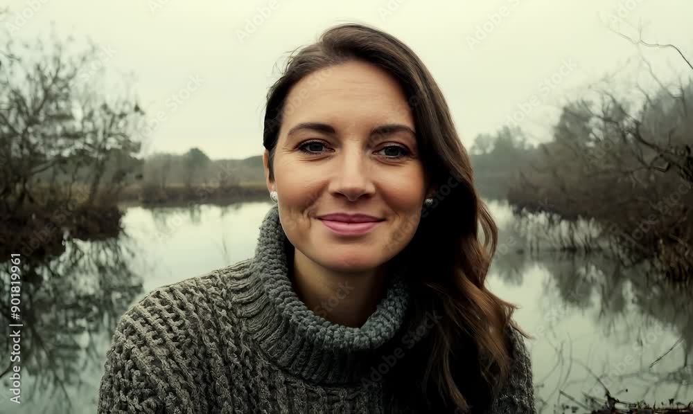 Headshot portrait video of a satisfied woman in her 30s wearing a cozy sweater against a swampy or bayou background Headshot portrait video of a satisfied woman in her 30s wearing a cozy sweater against a swampy or bayou background