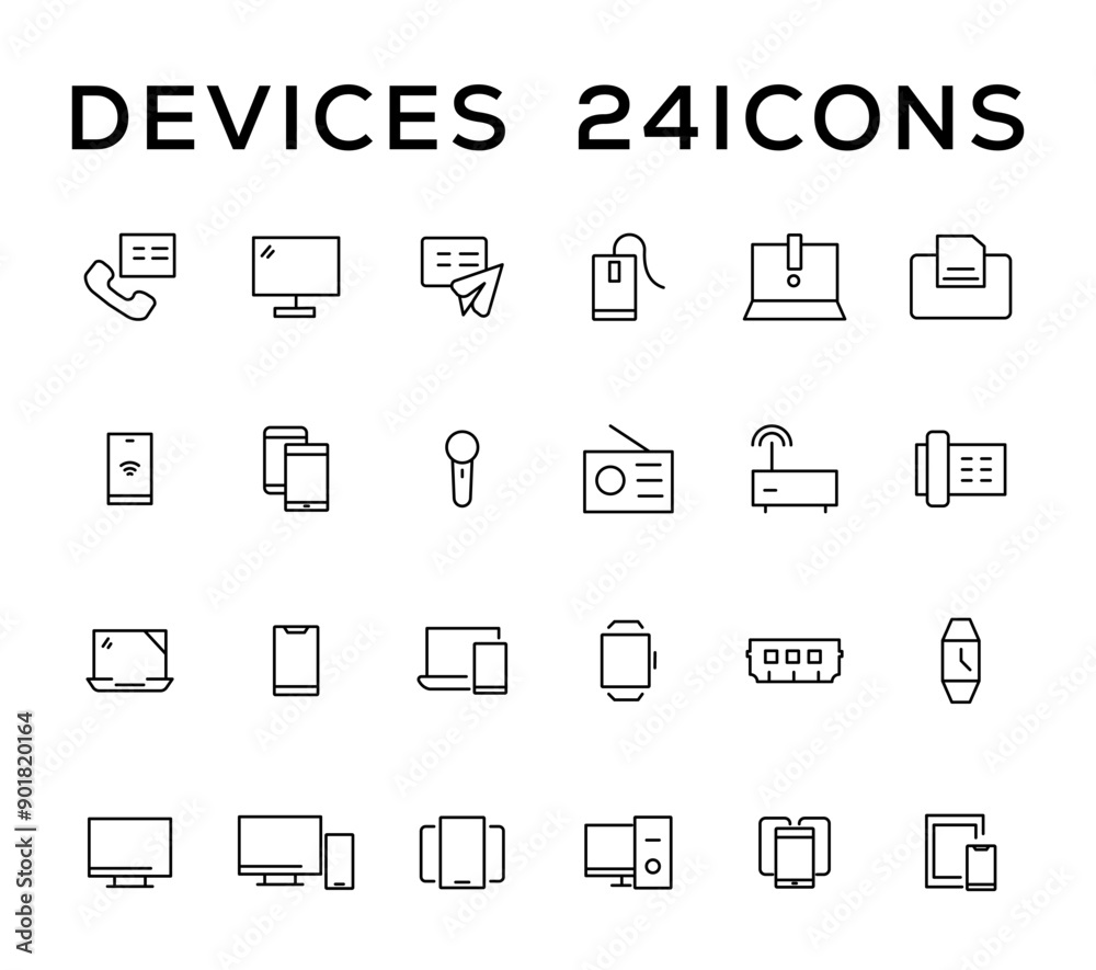 Device and technology line icon set. Electronic devices and gadgets, computer, equipment and electronics. Computer monitor, smartphone, tablet and laptop simple icon collections Device and technology line icon set. Electronic devices and gadgets, computer, equipment and electronics. Computer monitor, smartphone, tablet and laptop simple icon collections