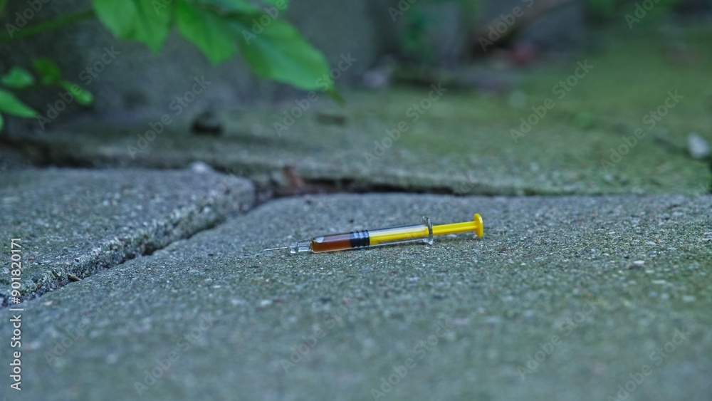 Glass Syringe Filled with Liquid Psychoactive Substance Narcotic Dropped on Ground in Dangerous Shabby Neighbourhood Alley Glass Syringe Filled with Liquid Psychoactive Substance Narcotic Dropped on Ground in Dangerous Shabby Neighbourhood Alley